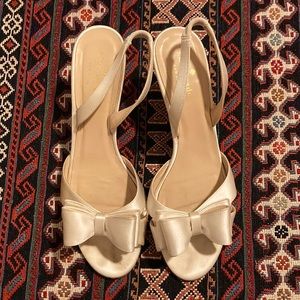 Wedding shoes! Bow accent open toe satin slingback stilettos in ivory